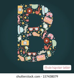 The letter B. Bright hipster element of colorful alphabet made! Hipster ABC element in vector. Vector hipster glasses, camera, a tie, the player, hat, mustache, pipe.