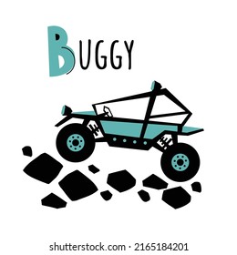 Letra B y buggy. Afiche del ABC para niños con transporte. Buggy para niños que aprenden vocabulario inglés