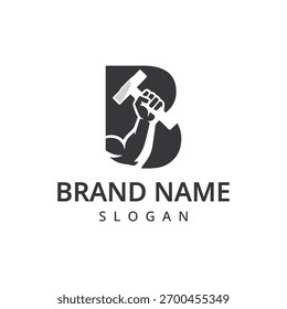Modelo de logotipo do construtor da letra B. Mão Forte Com Ilustração De Design De Martelo