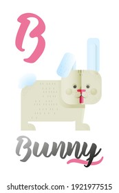 Letter B is for Bunny. ABC Illustrations with Associated Picture. Cute Animal with Tongue. Modern Flat Vector Illustration Template.