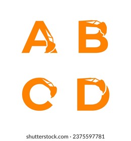 Letter A B C D with excavator arm. A B C D excavator logo template, hydraulic initials