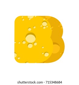 Letter B cheese font. Symbol of cheesy alphabet. Dairy Food type sign. Vector illustration
