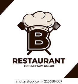 letter B Chef hat logo design illustration, Restaurant cafe logo icon isolated on white background