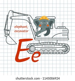 Letter B is for children alphabet. Vector illustration with cartoon animal and line construction equipment: elephant and excavator. School poster