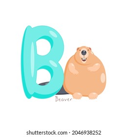 Letter B. Children's alphabet with a cute beaver. Vector illustration for learning English.