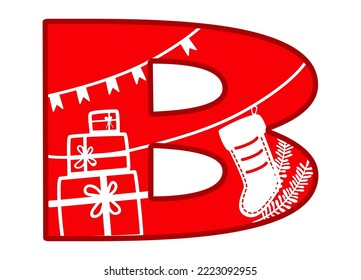 Letter B. Christmas monogram. Letter silhouette for printing, cutting, decorating clothes for children. Christmas theme with garland, xmas sock, stack of gift boxes, fir branches. Vector design