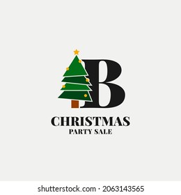 letter B with christmas tree decoration for celebrating december sale or party initial icon