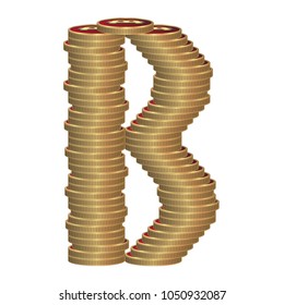 Letter B of coins. Vector font style made of enormous amount of bitcoins. Golden letters