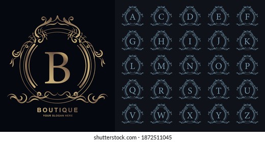 Letter B or collection initial alphabet with luxury ornament floral frame golden logo template.