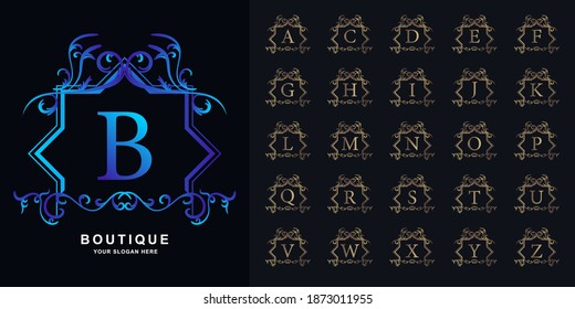Letter B or collection initial alphabet with luxury ornament floral frame golden logo template.