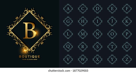 Letra B o colección alfabeto inicial con una plantilla de logotipo dorado de marco floral adornado de lujo.