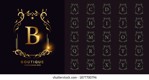 Letter B or collection initial alphabet with luxury ornament floral frame golden logo template.
