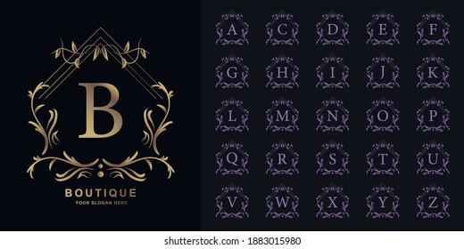 Letter B or collection initial alphabet with luxury ornament floral frame golden logo template.