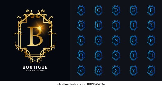 Letter B or collection initial alphabet with luxury ornament floral frame golden logo template.