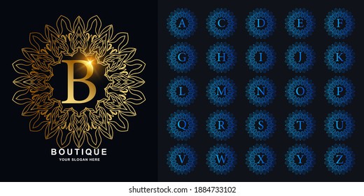 Letter B or collection initial alphabet with luxury ornament floral frame golden logo template.