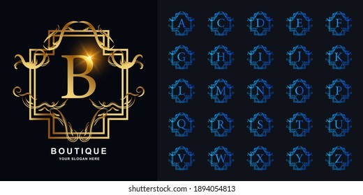 Letter B or collection initial alphabet with luxury ornament floral frame golden logo template.