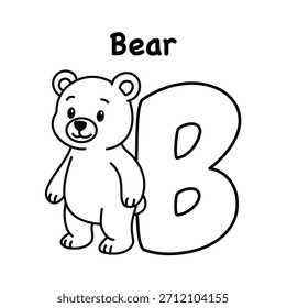 Página para colorear de la letra B con la ilustración linda del oso