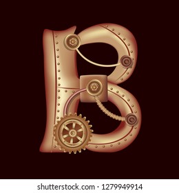 Letter B from the complete set of characters of the font. Symbol of the Latin alphabet and English language. Copper and brass fantasy mechanical steampunk construction with tubes, gears and rivets.