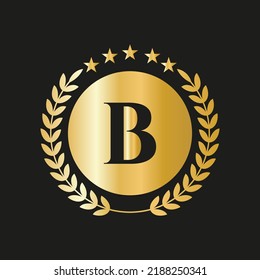 Letter B Concept Seal, Gold Laurel Wreath and Ribbon. Luxury Gold Heraldic Crest Logo Element