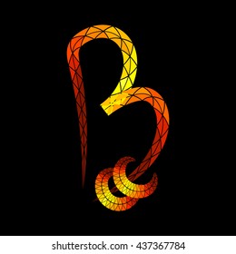 The letter "B" consists of triangular elements on black background. Imitation glowing gold. Script font without gradients.