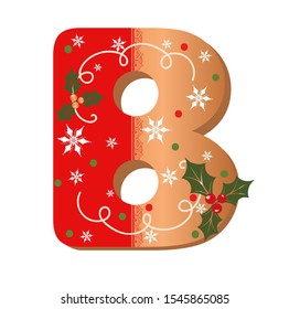 Letter B cookie alphabet vector with Christmas flowers and snowflakes. Illustration Cookie