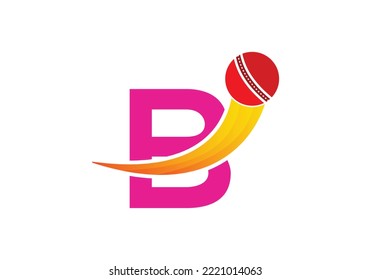 Letter B Cricket Logo Concept With Moving Cricket Ball Icon. Cricket Sports Logotype Symbol Vector Template Design.