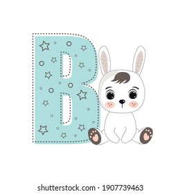 Letter B and a cute cartoon rabbit. Perfect for greeting cards, party invitations, posters, stickers, pin, scrapbooking, icons. Fashion style