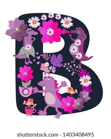 Letter "B". Cute cartoon wild african animals, flowers and birds on black background. Pretty design card.