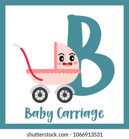 Letter B cute children colorful transportations ABC alphabet flashcard of Baby Carriage for kids learning English vocabulary Vector Illustration.