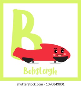 Letter B cute children colorful transportations ABC alphabet flashcard of Bobsleigh for kids learning English vocabulary Vector Illustration.