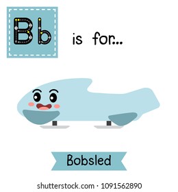 Letter B cute children colorful transportations ABC alphabet tracing flashcard of Bobsled for kids learning English vocabulary Vector Illustration.