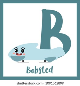 Letter B cute children colorful transportations ABC alphabet flashcard of Bobsled for kids learning English vocabulary Vector Illustration.