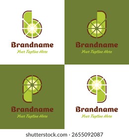 Logo de la fruta del kiwi de la letra B D P Q, que simboliza la frescura, la diversión y la creatividad