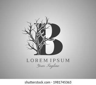 Letter B With Dead Tree Design Logo Icon. Creative Alphabetical Creepy Dry Tree Brach Nature Logo Template.