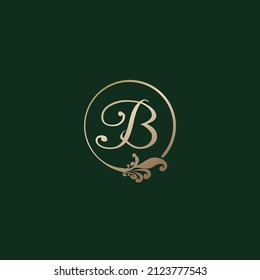Letter B Decorative Alphabet Logo isolated on green Background. Luxury gold ring Initial Abjad Logo Design Template. Elegant Curl Floral Logo Concept. EPS 10 File Project