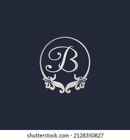 Letter B Decorative Crown Ring Alphabet Logo isolated on Navy Blue Background. Luxury Silver Initial Abjad Logo Design Template. Elegant Curl Floral Logo Concept. EPS 10 File Project