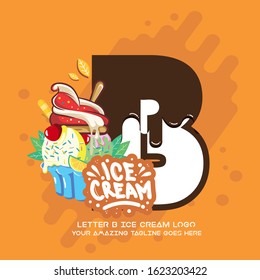Letter B Delicious Chocolate Melting Ice Cream Cup Logo on Orange Background. Vector Flat Modern Style. Colorful Logo in Cartoon Style Illustration for Ice Cream Shop Café and Restaurant
