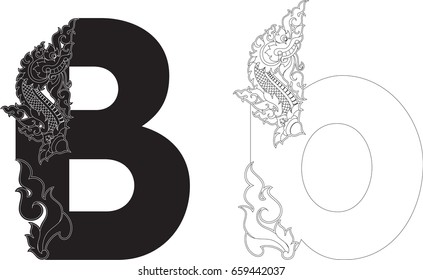 Letter B, Doodles Swirl Tribal Tail and Head of Naga Alphabet (Dragon Monster Art Font) Vector Format/ Southeast Asia Art Style