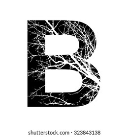  Letter B double exposure with white tree isolated on black background.Vector illustration.Black and white double exposure silhouette lettering combined with photograph of nature. Letters  alphabet.