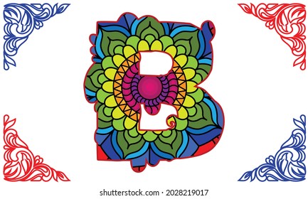 Letter B. Dudling drawing, mandala. Alphabet in the style of dudling, letters of the alphabet. Drawing from the branches of leaves, flowers.