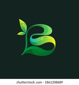 Letter B ecology logo with green leaves and dew drops. Vector icon perfect for agriculture labels, eco friendly food emblem, landscape posters and garden identity, etc.