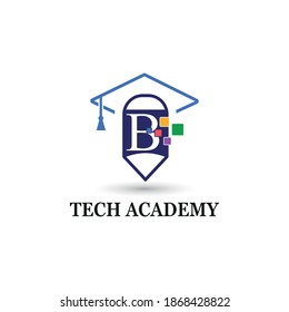 Letter B education and academy logo concept with pencil and toga hat for techno theme