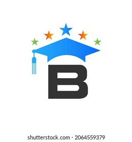 Letter B Education Logo Initial Graduation Cap Concept. Education Logo Design Template With B Letter Graduate Hat Vector Template