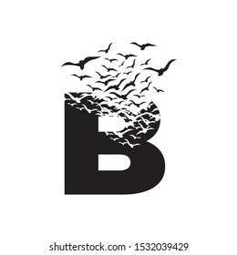 letter B with effect of destruction. Dispersion. Birds.