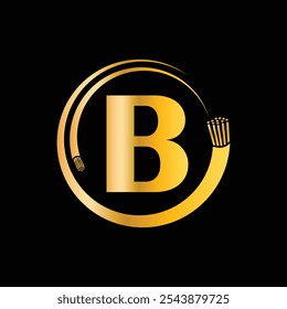 Letter B with electric wire, optical fiber cable Logo Design Vector Template.