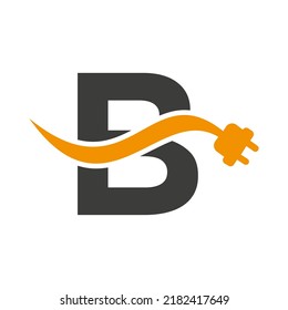 Letter B Electricity or Electrical Logo Concept with Electric Plug Vector Template