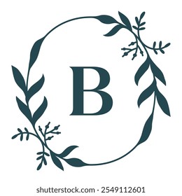 Letter B In Elegant Floral Oval Frame. Leafy Christmas Wreath. Vector  Illustration Isolated On White Background.