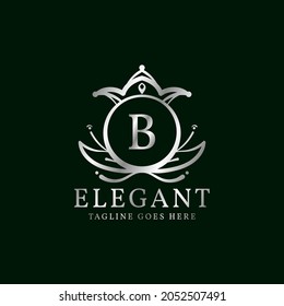 letter B elegant leaves and crown crest vector logo design