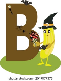 Letter B in the English alphabet. Banana in the style of the holiday Halloween.banana eating ice cream,Learning Alphabet Lettering Learning Children Illustration Vector