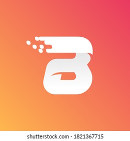 Logo de velocidad rápida de la letra B con patrón de píxeles a cuadros en el fondo del degradado. El diseño de vectores planos se puede usar para anuncios de entrega, afiches tecnológicos, identidad deportiva, etc.